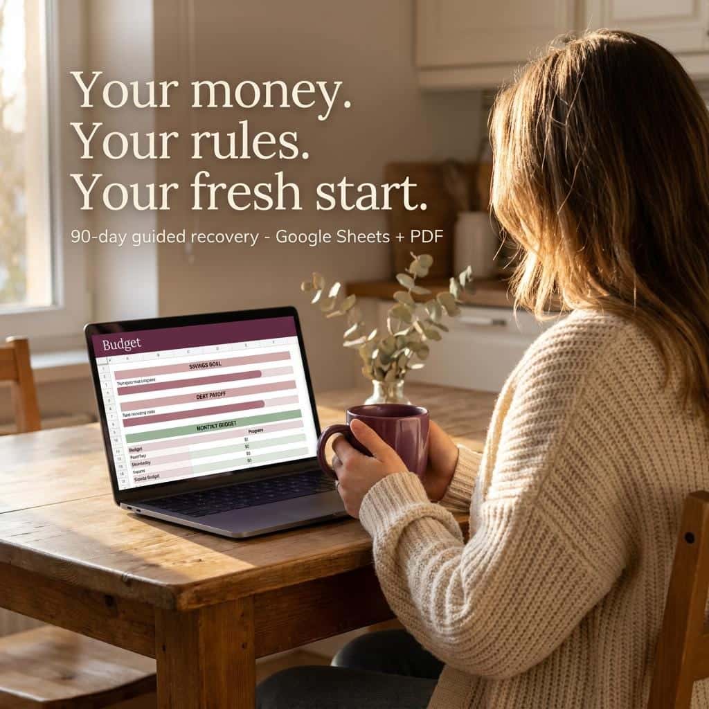 Woman at a kitchen table reviewing a budget spreadsheet on a laptop