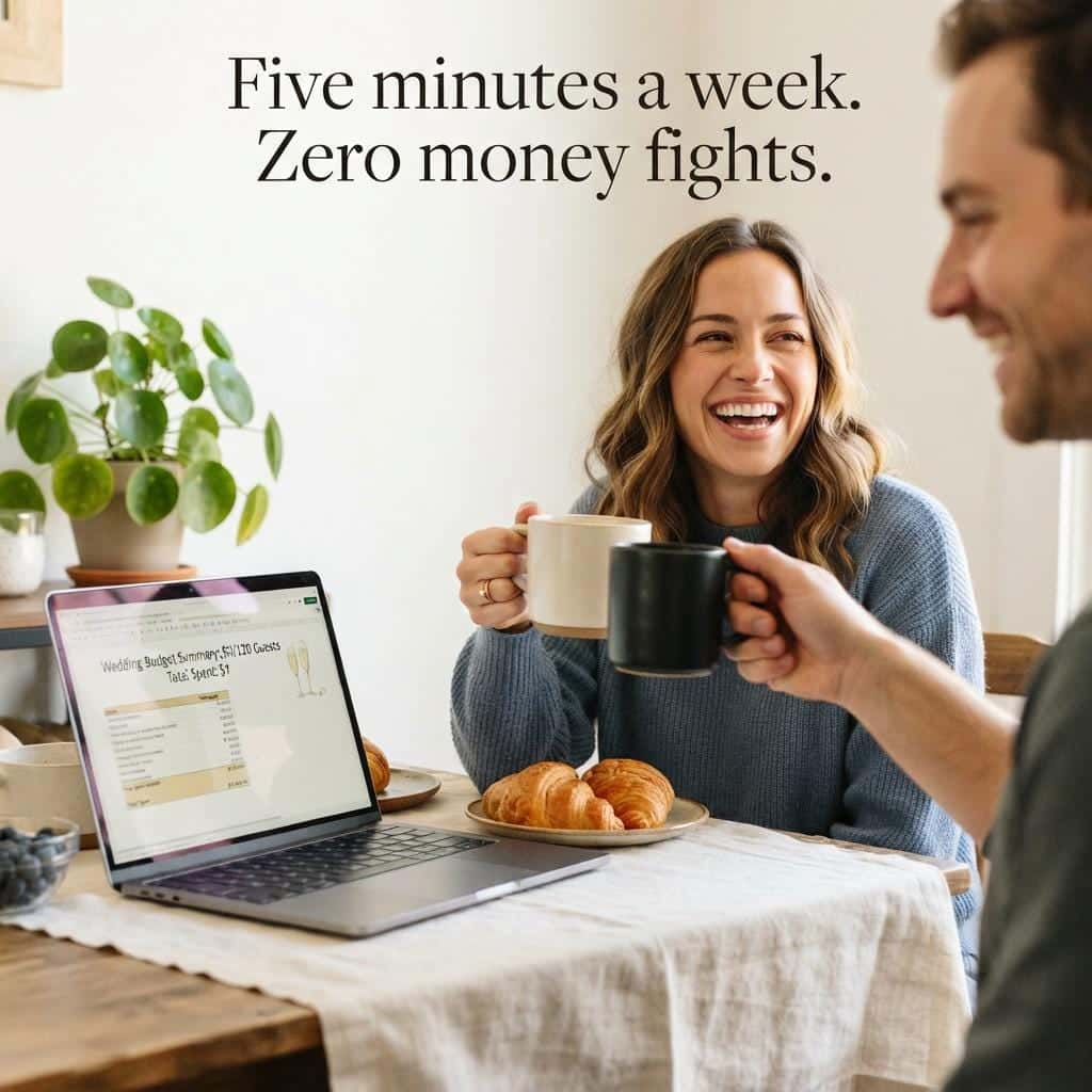 Wedding budget spreadsheet shown on a laptop and phone