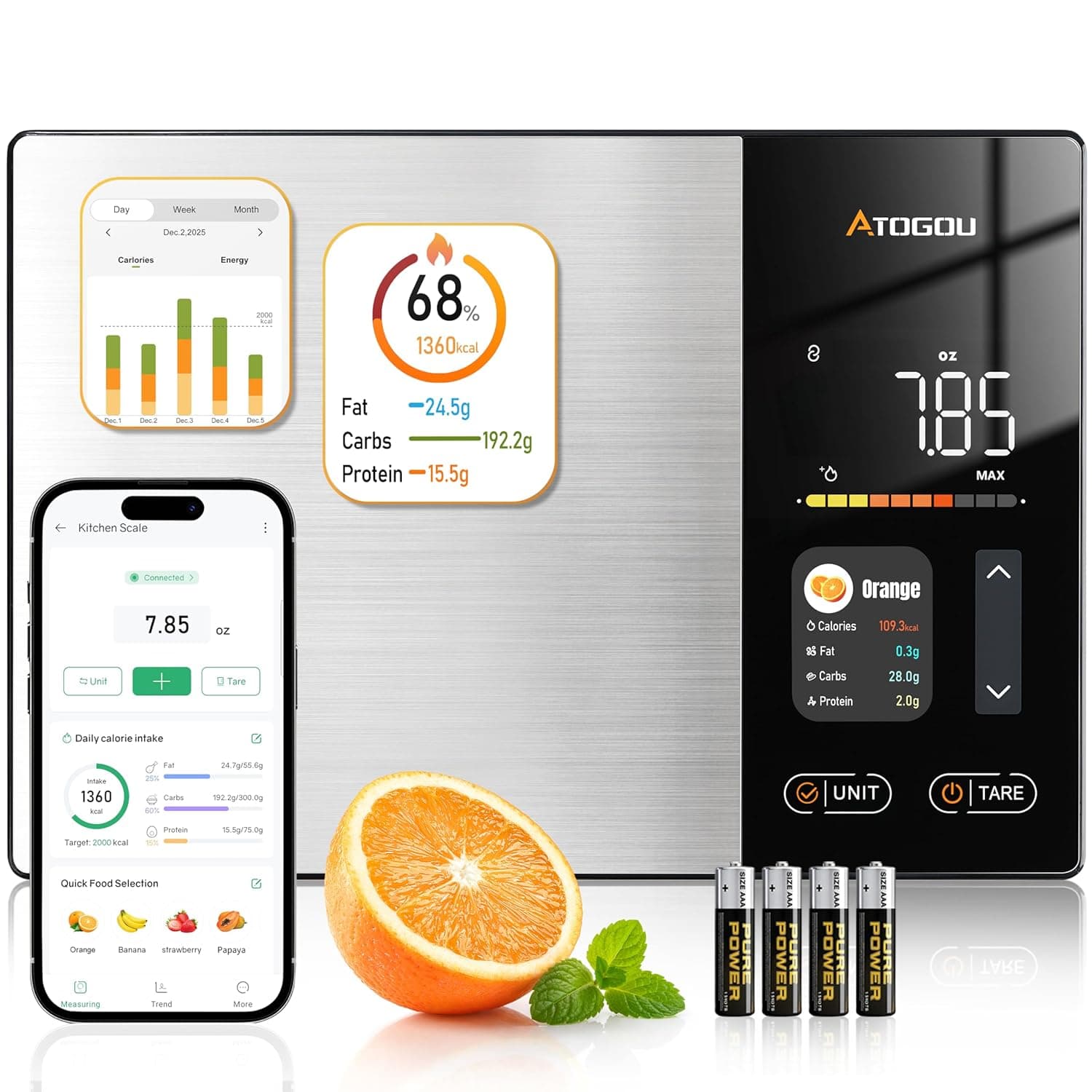 Atogou Smart Nutrition Kitchen Scale with App - precision kitchen scale
